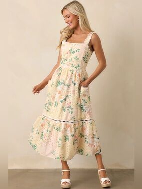 JUST ME Sleeveless Cream Floral Eyelet Midi Dress sz. M